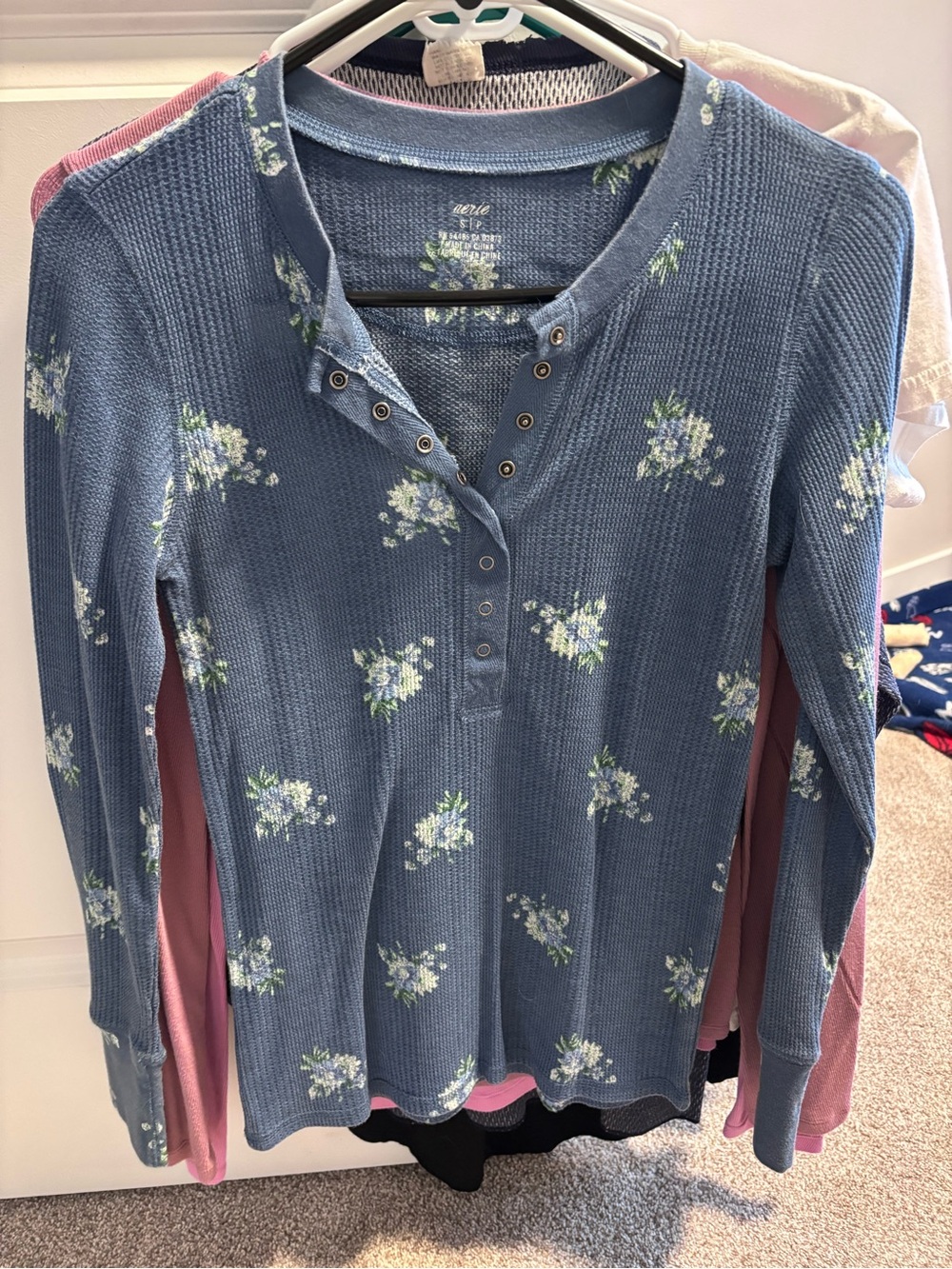 aerie Blue Floral Henley Waffle Knit Top